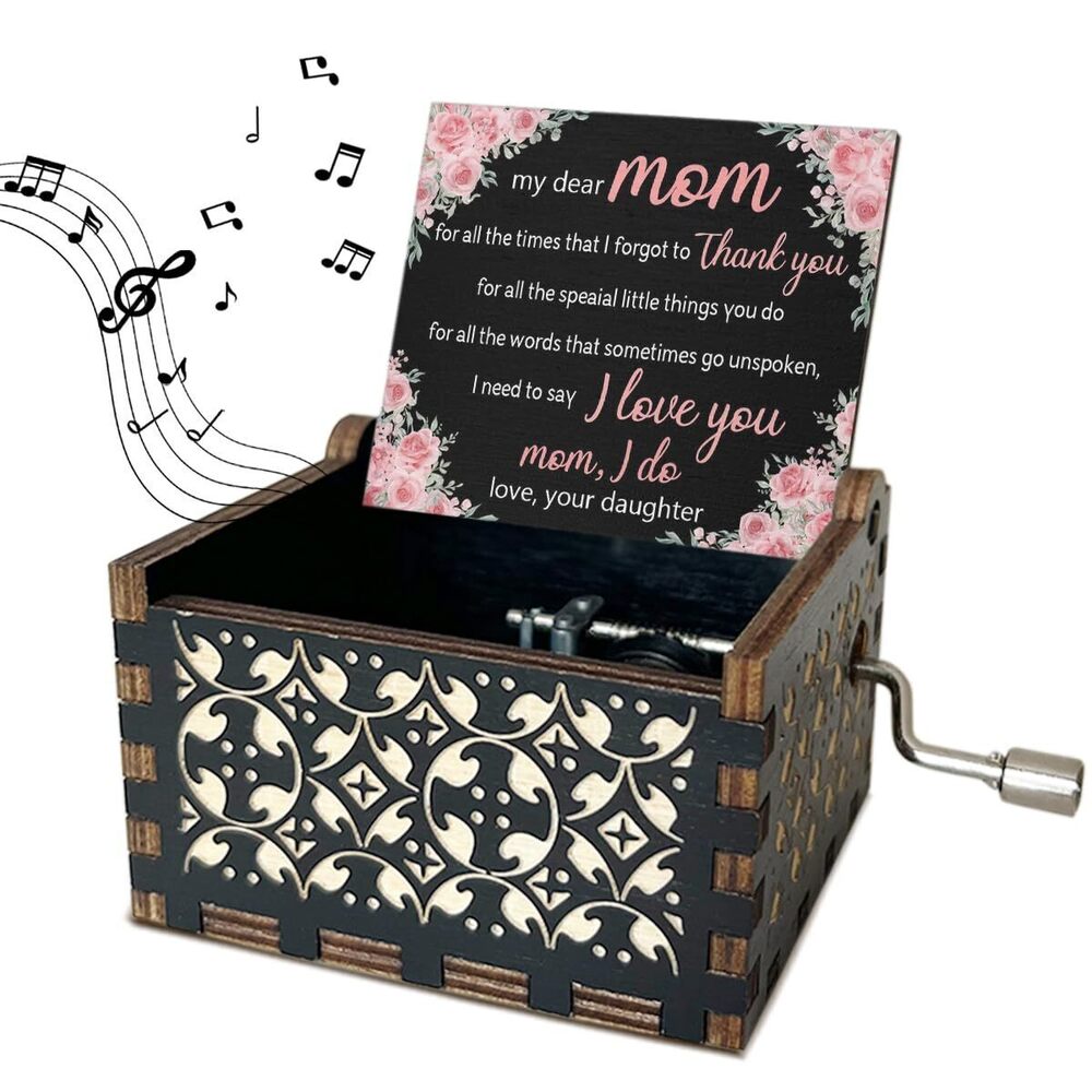 9112 My Dear Mom Wooden Music Box with Handle for Mom Vintage Hand Crank